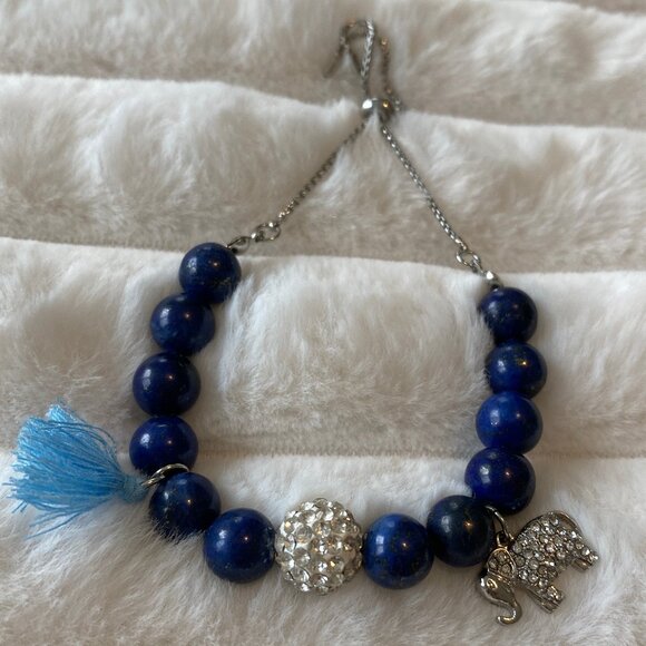 Willowbird Lapis & Silvertone Adjustable Elephant Charm Bracelet - New - Picture 1 of 4